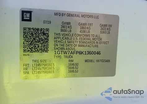 2019 GMC Savana 2500 Work Van z USA, uszkodzony, nr VIN 1GTW7AFP6K1360046